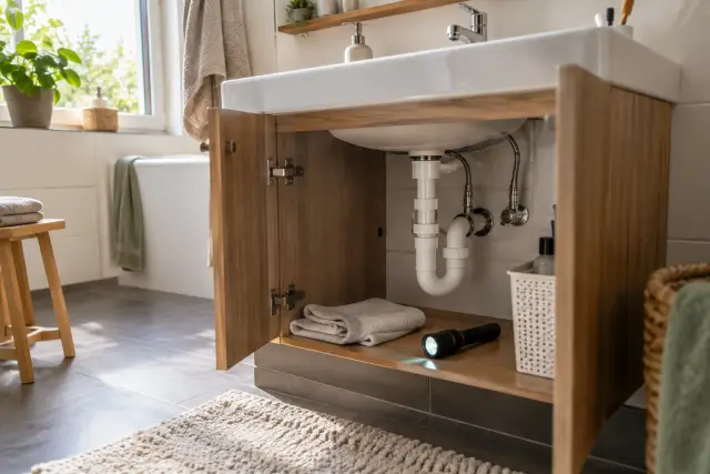 Waschbecken mit geöffnetem Unterschrank und sichtbarem Siphon in einem gepflegten Badezimmer